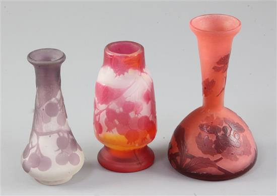 Three small Galle two-colour cameo glass vases, c.1900, 9 to 11cm